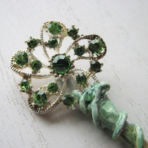 Green rhinestone shawl pin holly wood, decorative pin, spring flowers, snowflake, nature inspired image 6