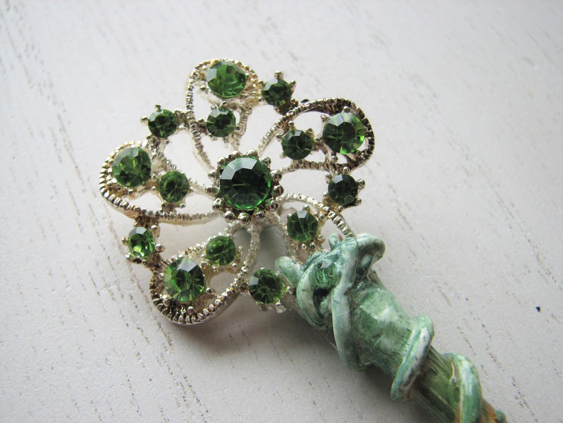 Green rhinestone shawl pin holly wood, decorative pin, spring flowers, snowflake, nature inspired image 6