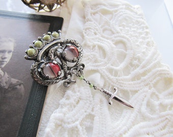 Scottish thistle brooch - peridot gemstone, luckenbooth pin, silver collar pin women, sweetheart gift, knife pin, men