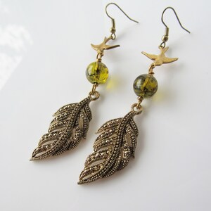 Bohemian earrings handmade - gold leaf,  green dangle, botanical woodland, fern leaf, women
