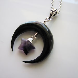 Black moon necklace - amethyst crystal, moon and stars, boho necklace silver, gold