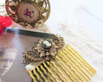 Victorian hair comb, vintage silhouette cameo, laurel leaf, rhinestone, wedding, bridal hair piece