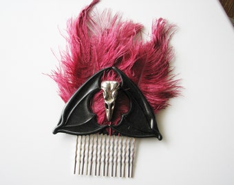 Red and black hair comb - raven skull silver, bat wings, gothic hair, silver
