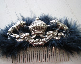 Crown hair piece - silver lion, coat of arms, decorative hair comb, blue fascinator