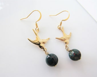 Bloodstone earrings - boho dangle, swallow bird, nature jewelry for women, gemstone