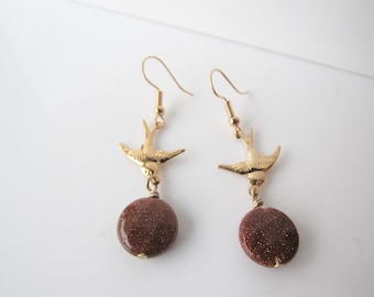 Bird earrings dangle - goldstone, nature inspired, swallow, glass dangle, gold plated brass