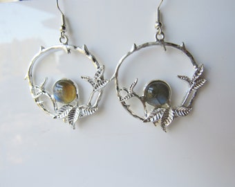 Silver labradorite earrings - leaf dangle, bohemian earrings for women, labradorite gemstone