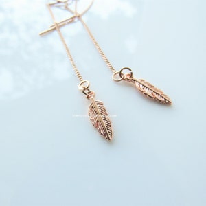 Rose gold threader earrings - dainty feather, small earrings dangle, women, boho earrings small