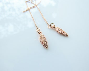 Rose gold threader earrings - dainty feather, small earrings dangle, women, boho earrings small