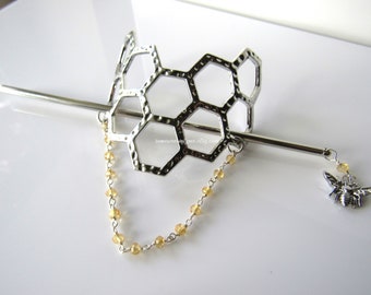 Honeycomb and bee bun holder - womens hair accessories, bun hair cage, hair stick, citrine gemstone, hair chain