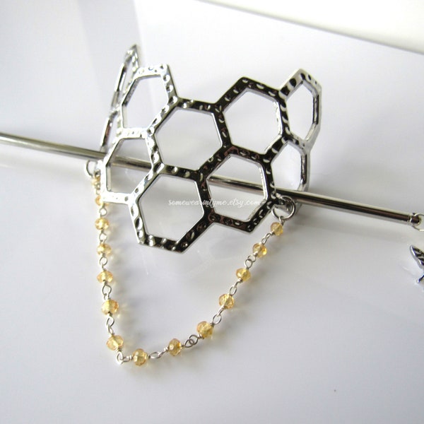 Honeycomb and bee bun holder - womens hair accessories, bun hair cage, hair stick, citrine gemstone, hair chain