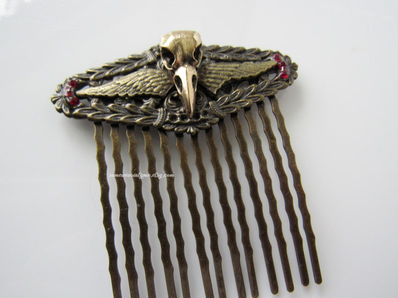 Corvid skull hair comb bird wings, gothic hair piece, women, decorative comb, alternative wedding image 1