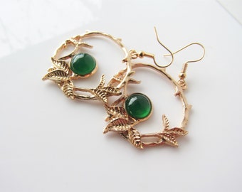 Rose gold earrings - leaf dangle, bohemian earrings for women, green onyx