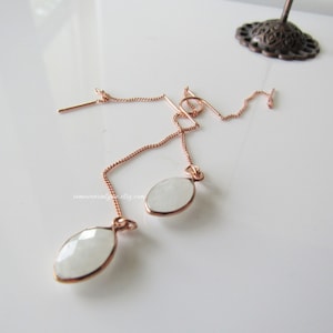 Rose gold moonstone dangle - earrings for women, rose gold threader, faceted gemstones, marquise earrings dangle