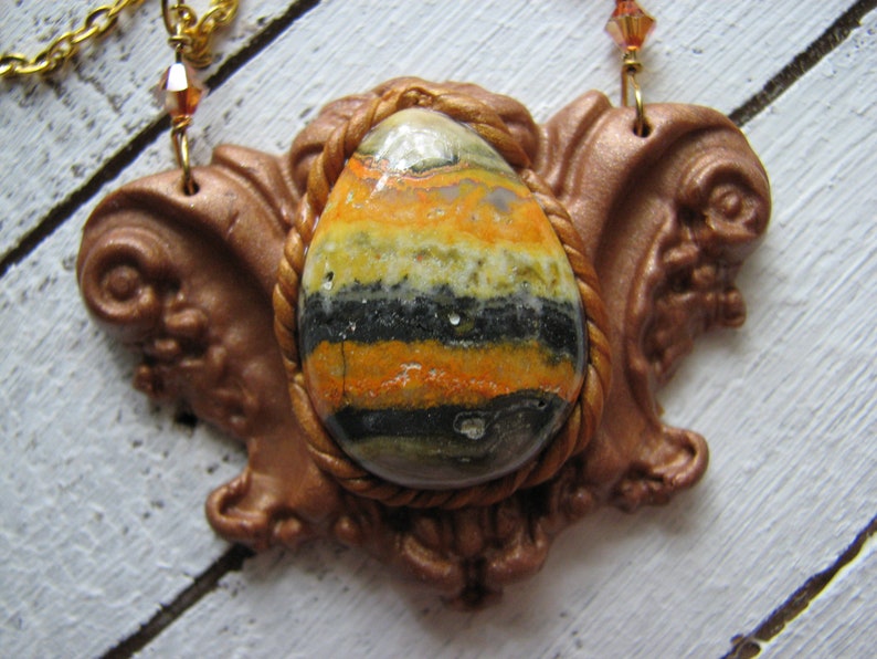 copper color Bumble bee jasper necklace yellow stone statement necklace gold clay gemstone pendant