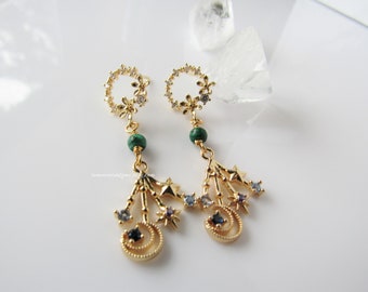 Malachite gold stud earrings - celestial dangles, shooting star, women, floral stud earrings