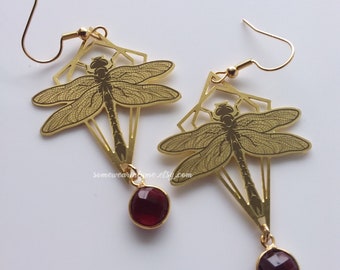 Brass dragonfly earrings gold, garnet gemstone, bug jewelry, geometric earrings for women