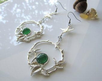 Silver boho earrings dangle - green onyx gemstone, earrings for women, swallow bird