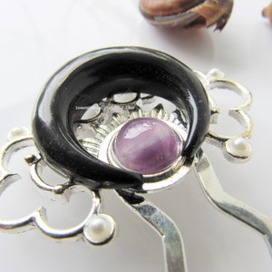 Amethyst hair fork - black crescent moon, celestial wedding, decorative hair piece, hair fork with stone