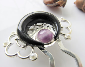 Amethyst hair fork - black crescent moon, celestial wedding, decorative hair piece, hair fork with stone