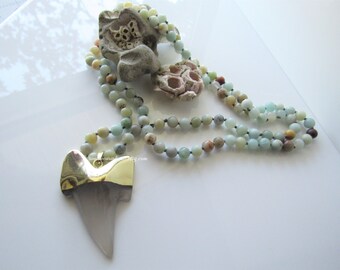 Shark tooth necklace gold - 24k gold plate, amazonite beaded necklace, statement pendant, hand knotted gemstone necklace