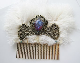 Feather hair comb - dragons breath opal, ostrich feathers, something blue, gold headpiece