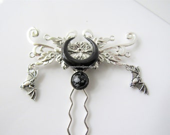 Bat and moon hair fork - black crescent moon pin, gothic wedding, hair pin women