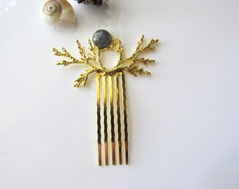 Branch hair comb gold - labradorite gemstone, woodland wedding, hair comb for women