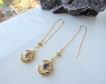 Gold threader moon earrings - celestial dangle, womens statement earrings, space lover gift