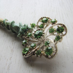 Green rhinestone shawl pin holly wood, decorative pin, spring flowers, snowflake, nature inspired image 5