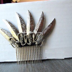 Feathered headpiece women, silver flower hair comb, fairy tales, decorative hair comb, fantasy wedding