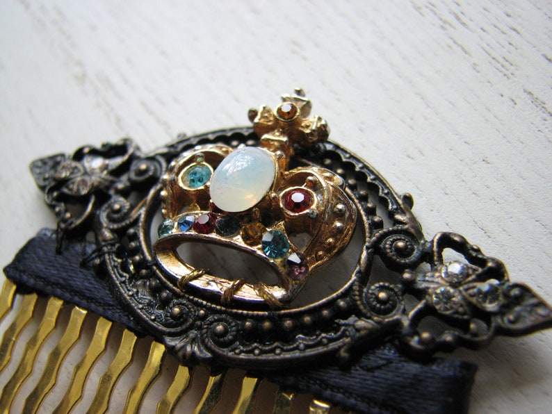 Gold crown hair comb rhinestone hair piece, fake opal, decorative hair piece, baroque frame image 2