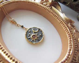 Sun and moon necklace - gold celestial charm pendant, women, galaxy, black moonstone necklace