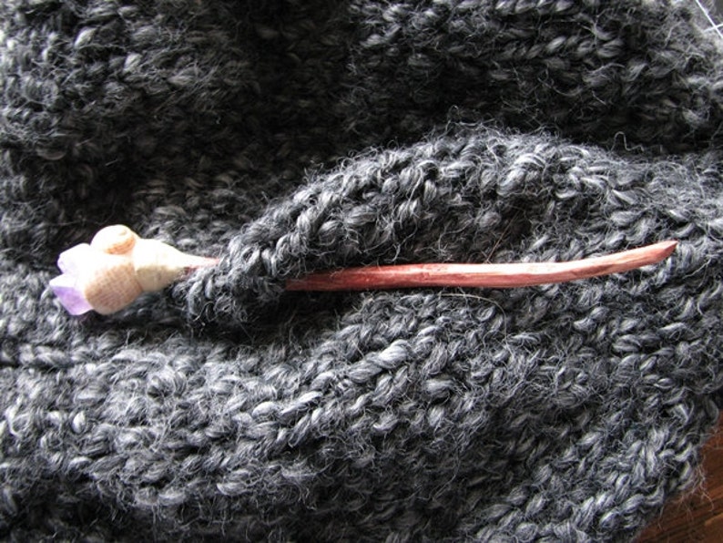 raw amethyst Crystal cluster snail shell handmade shawl pin wood seashell
