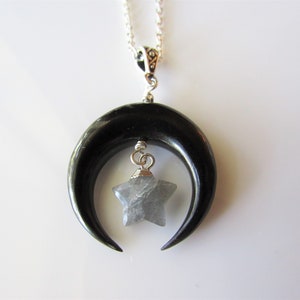 Gemstone star pendant necklace - black moon, celestial necklaces for women, labradorite crystal, moon and stars, boho necklace silver
