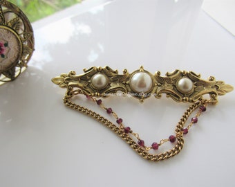 Vintage style gold pin - large brooches for women, garnet gemstones, lapel pin, large, faux pearl, Edwardian brooch pin