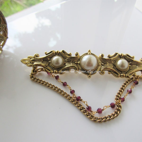 Vintage style gold pin - large brooches for women, garnet gemstones, lapel pin, large, faux pearl, Edwardian brooch pin