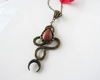 Snake and moon necklace - goldstone, mother of pearl moon pendant, necklaces for women, eclectic