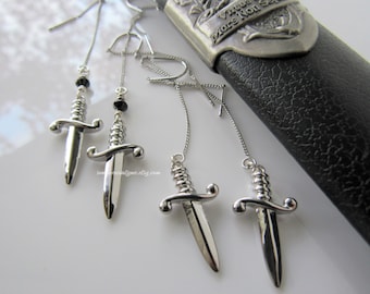 Silver dagger dangle earrings - spinel gemstone, threader earrings, women, gothic