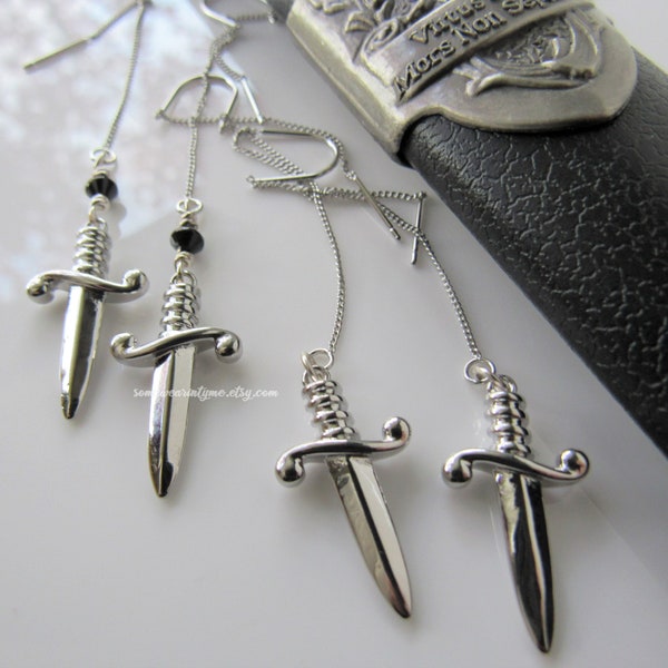 Silver dagger dangle earrings - spinel gemstone, threader earrings, women, gothic