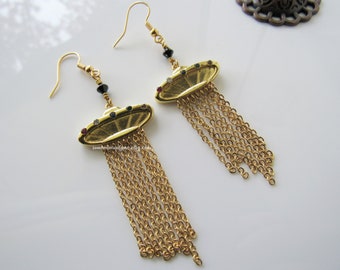 Gold UFO earrings - dangle, handmade earrings for women, tassel fringe, gemstone