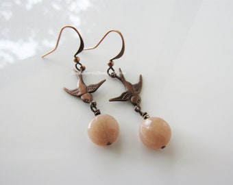 Peach moonstone earrings- antiqued copper, swallow bird, boho dangle, women