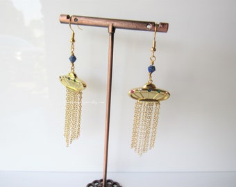 Gold UFO earrings - dangle, handmade earrings for women, tassel fringe, gemstone