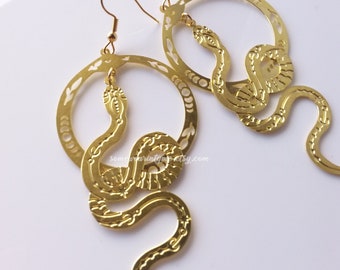 Snake earrings brass - halo, celestial earrings dangle, gothic, women, edgy earrings, ouroboros