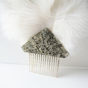 Art deco hair comb - 1920s vintage hair piece, rhinestone wedding, something old, silver, ostrich feathers