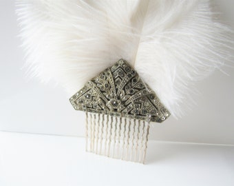 Art deco hair comb - 1920s vintage hair piece, rhinestone wedding, something old, silver, ostrich feathers