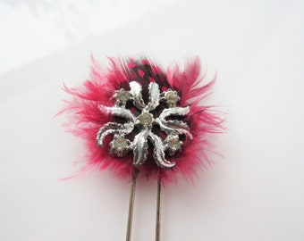 Silver snowflake pin - vintage hair fork, red feather, leaf, winter