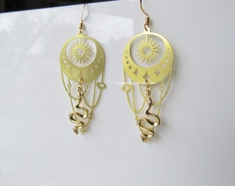 Gold crescent moon earrings - bohemian dangle, celestial, snake earrings, women, moon and star