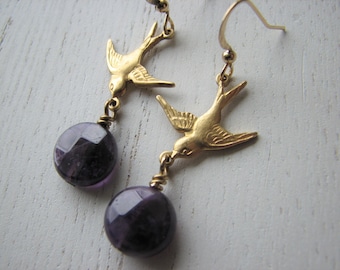 Amethyst dangle earrings - nature inspired, swallow, bird earrings, raw brass