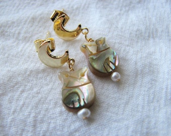 Owl earrings stud - pearl and shell, crescent moon earrings, night owl whimsy